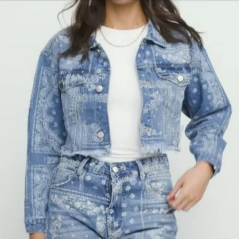Free People Blue Bandana Print Denim Jacket